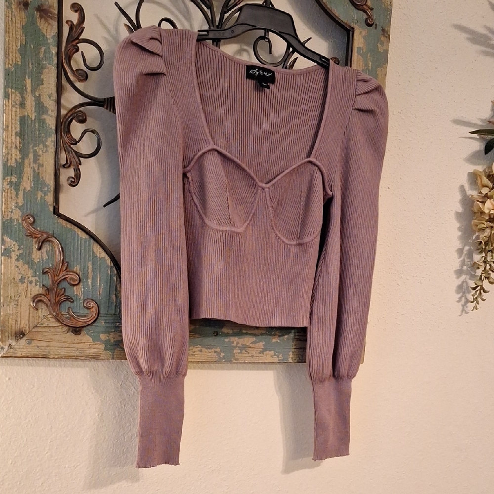🔥 3 for $25 SALE Say What? Taupe Ribbed Puff Sleeve Sweater. NWOT Size Large
